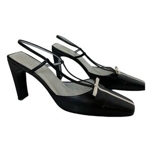 Vintage Rodolphe Menudier Mules Black Leather Bow White Detail Heels 38.5 Eu 8.5